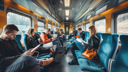 Modern train interior with passengers reading and workingの素材