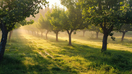 Orchard in early morning light with dew on the grass and treesの素材
