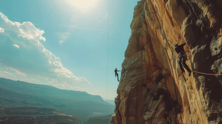 Mountain climbers scaling a steep cliff face with ropesの素材