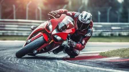 Motorcyclist racing on a track, leaning into a curveの素材