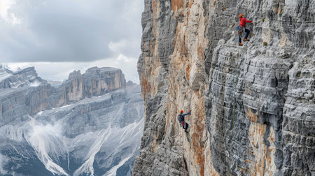 Mountain climbers scaling a steep cliff face with ropesの素材