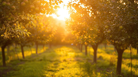 Orchard during sunset with a warm golden light illuminating the treesの素材