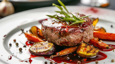 Perfectly cooked filet mignon with a red wine reduction, served with roasted vegetablesの素材