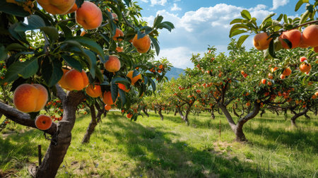 Orchard with apricot trees bearing ripe, juicy apricots on a sunny dayの素材