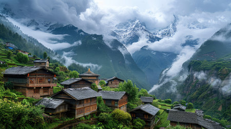 Mountain village with traditional wooden houses and a dramatic backdropの素材