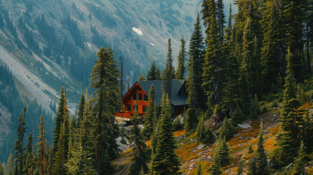 Mountain hut nestled among the trees with a scenic backdropの素材