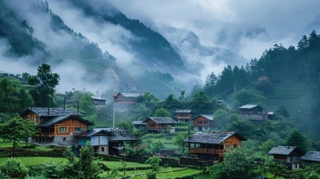 Mountain village with traditional wooden houses and a dramatic backdropの素材