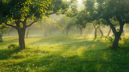 Orchard in early morning light with dew on the grass and treesの素材