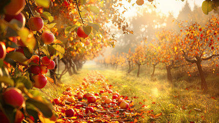 Orchard in autumn with colorful foliage and ripe fruitsの素材