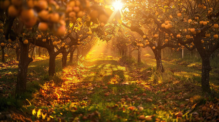 Orchard during sunset with a warm golden light illuminating the treesの素材