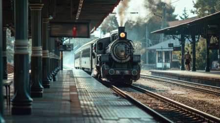 Old-fashioned train station with a steam locomotive waiting on the platformの素材