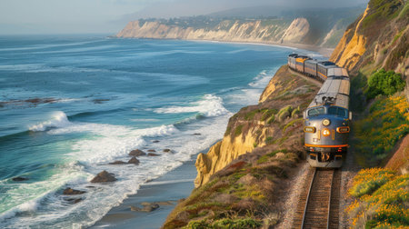 Passenger train traveling along a coastal cliff with ocean viewsの素材