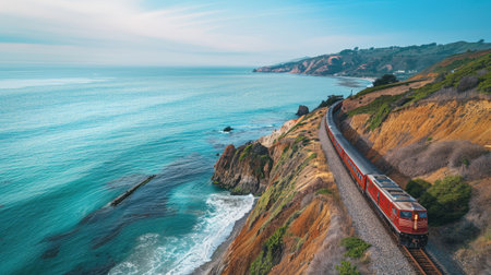 Passenger train traveling along a coastal cliff with ocean viewsの素材