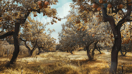 Orchard in late summer with trees full of ripe fruitsの素材