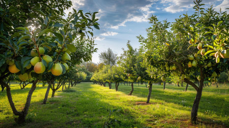 Pear orchard with trees full of green and yellow pears under a bright skyの素材
