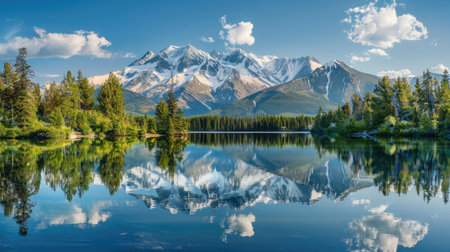 Mountain lake reflecting the surrounding snow-capped peaksの素材