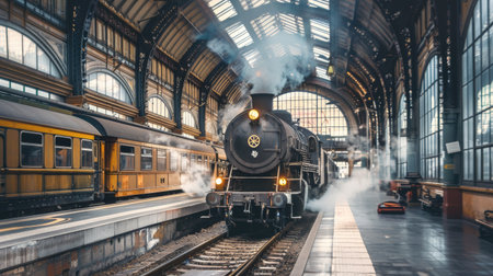 Old-fashioned train station with a steam locomotive waiting on the platformの素材