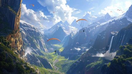 Paragliders soaring above a stunning mountain landscapeの素材