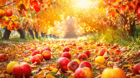 Orchard in autumn with colorful leaves and ripe fruits ready for harvestの素材
