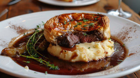 Plated steak and kidney pie with a golden crust served with mashed potatoesの素材