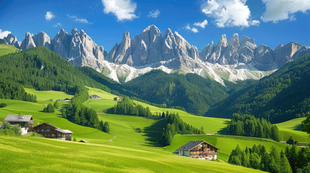 Panoramic view of the Alps with lush green meadows in the foregroundの素材