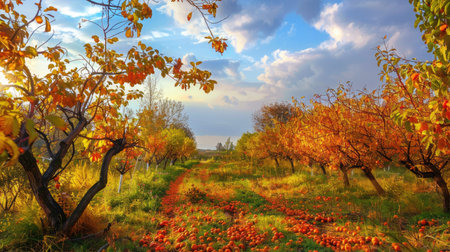 Orchard in autumn with colorful leaves and ripe fruits ready for harvestの素材