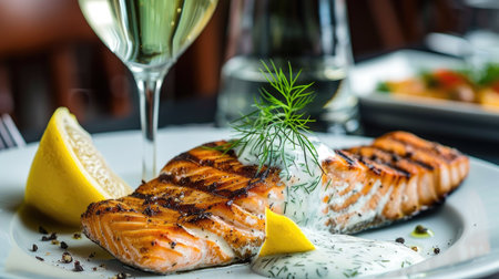 Perfectly grilled salmon with a dill sauce, served with a glass of chardonnayの素材