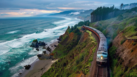 Passenger train traveling along a coastal cliff with ocean viewsの素材