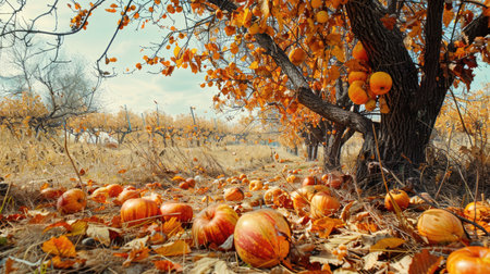 Orchard in autumn with fallen leaves and harvested fruitsの素材