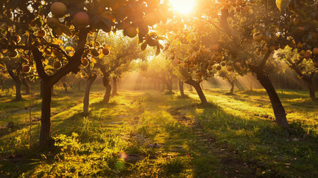 Orchard during sunset with a warm golden light illuminating the treesの素材