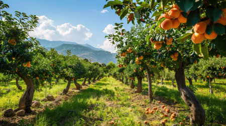 Orchard with apricot trees bearing ripe, juicy apricots on a sunny dayの素材
