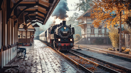 Old-fashioned train station with a steam locomotive waiting on the platformの素材