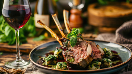 Perfectly cooked rack of lamb with a mint sauce, served with a glass of red wineの素材