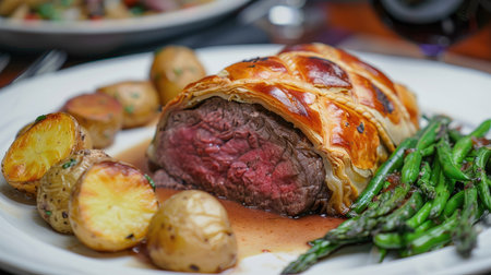 Plated beef wellington with a side of roasted potatoes and green beansの素材