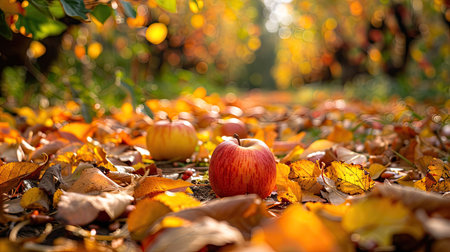 Orchard in autumn with fallen leaves and harvested fruitsの素材
