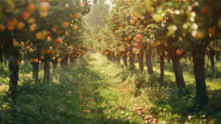 Orchard in late summer with trees full of ripe fruitsの素材