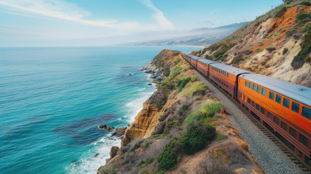 Passenger train traveling along a coastal cliff with ocean viewsの素材