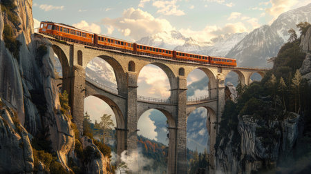 Passenger train crossing a high mountain bridgeの素材