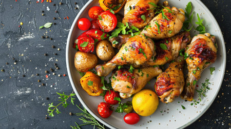 Plated chicken drumsticks with a side of roasted vegetablesの素材