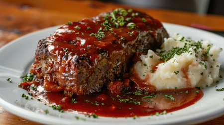 Plated meatloaf with a rich tomato glaze and a side of mashed potatoesの素材