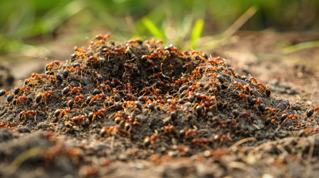 An ant hill bustling with activity, with ants coming and going.の素材