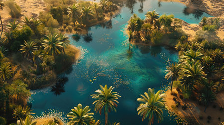 Aerial view of the contrast between a lush oasis and the surrounding desert.の素材