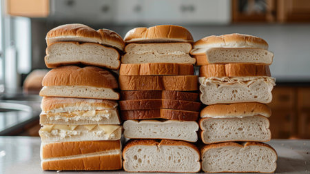 An assortment of sandwich breads stacked neatly on a kitchen counter.の素材