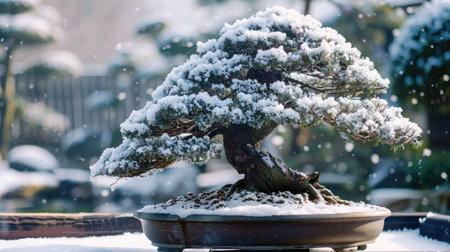 Bonsai tree with snow-covered branches, creating a peaceful winter scene.の素材