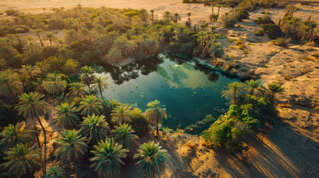 Aerial view of the contrast between a lush oasis and the surrounding desert.の素材