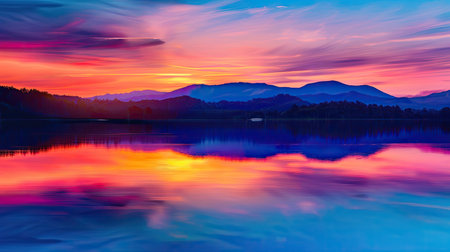 Lagoon at sunset with vibrant colors reflected on the water and a silhouetted mountain range.の素材