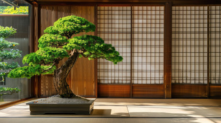Elegant bonsai tree in a traditional Japanese tea room, creating a serene atmosphere.の素材