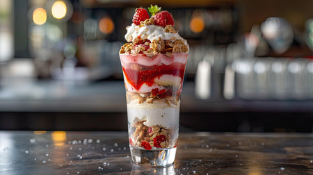 An ice cream parfait layered with fruits, granola, and yogurt, served in a tall glass.の素材