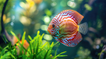 A beautiful discus fish swimming among aquatic plants.の素材