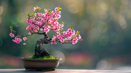 Close-up of a flowering bonsai tree with delicate pink blossoms against a blurred background.の素材